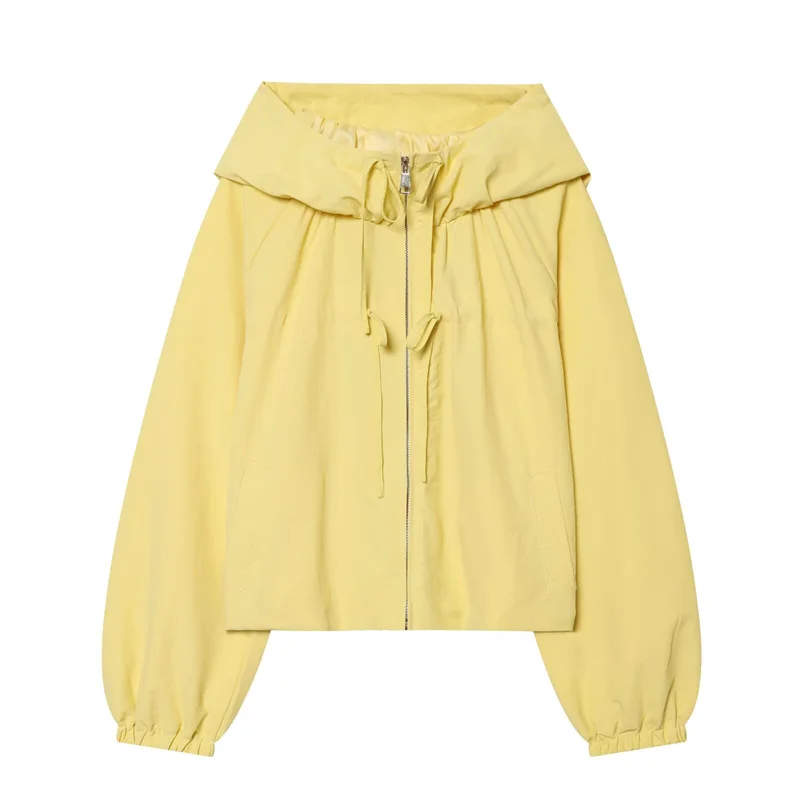 Guobioziy 2026 Spring and Autumn New Solid-Colored Zippered Women's Casual Hooded Jacket  Decorated with a Bow