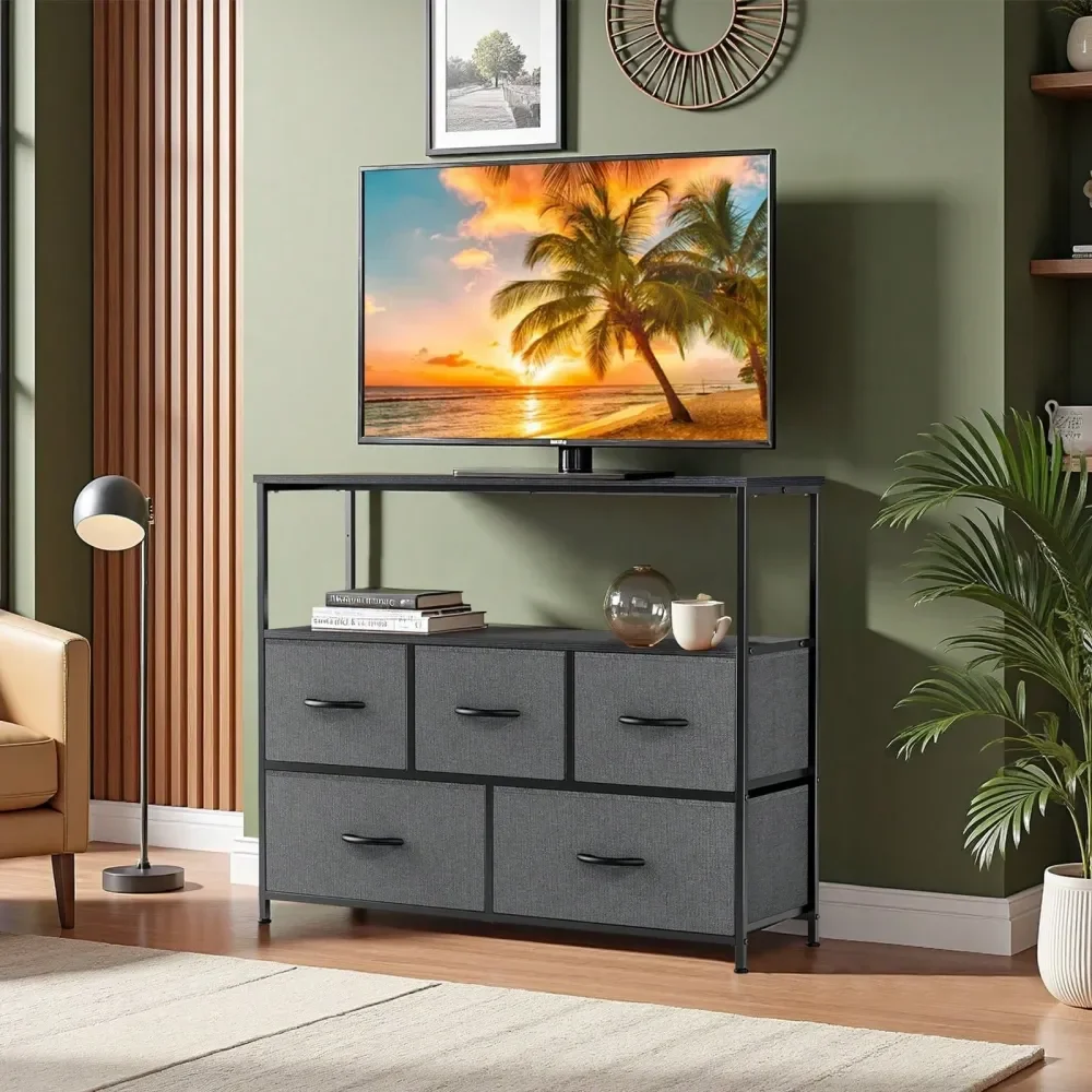 

Dresser TV Stand With 5 Fabric Drawers And Wood Open Shelf, Media Console Organizer For 45 TV, Ideal For Living Room, Bedroom,