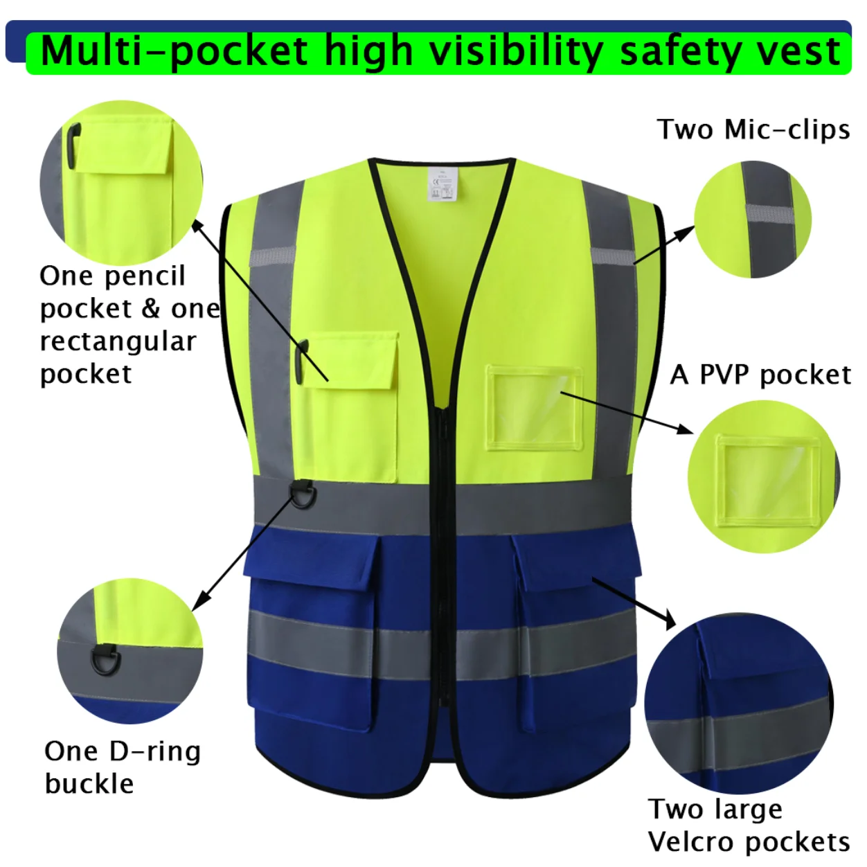 

Safety vest, high visibility reflective vest with pockets and zippers, men's and women's safety vest meets ANSI/ISEA standards