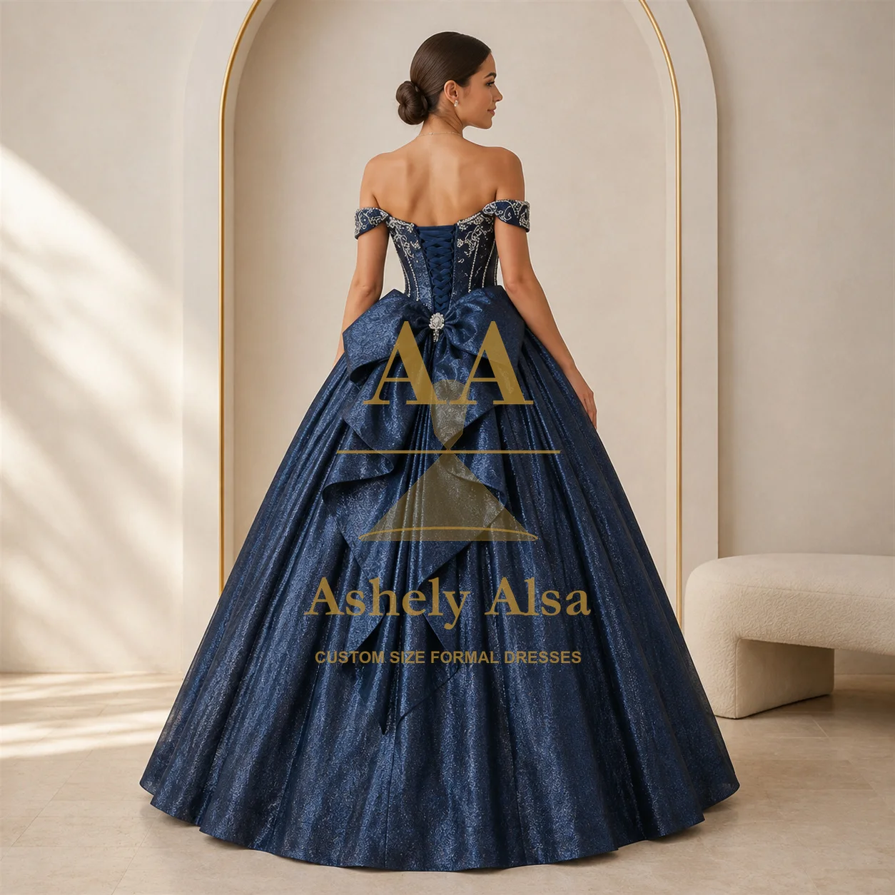 Navy Blue Quinceanera Dress Off Shoulder Beaded Tiered Satin Ball Gown Sweet 15 Birthday Formal Party Vestidos de 15 Anos Prom