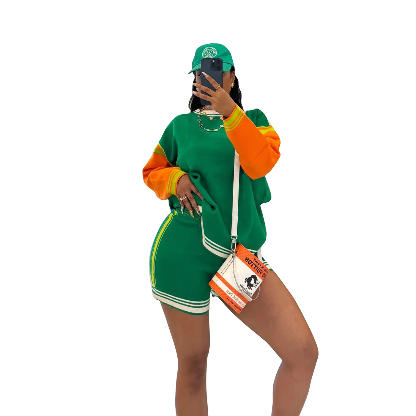 シスタースタースーツファッションスポーツとレジャーカラーブロック長袖ショートセクションニット気質通勤ツーピースセット