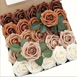 Fiori artificiali 25 pezzi dall'aspetto reale arancione bruciato Ombre colori schiuma rose finte con steli per bouquet da sposa fai da te Showe da sposa