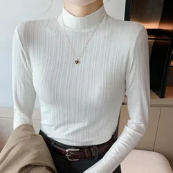 Women Autumn Winter Slim Striped Solid Color Turtleneck Long Sleeve T-Shirt Ladies Elegant All-match Fleece Bottoming Shirt Tops