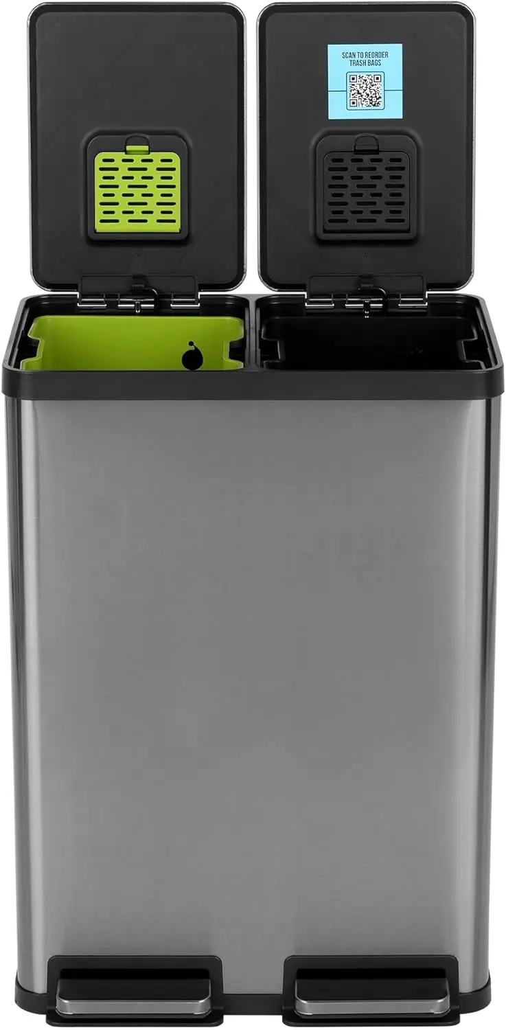 

Elegant Black 16 Gallon Dual Compartment Kitchen Trash Can with Slow-Close Lid and Odor Control