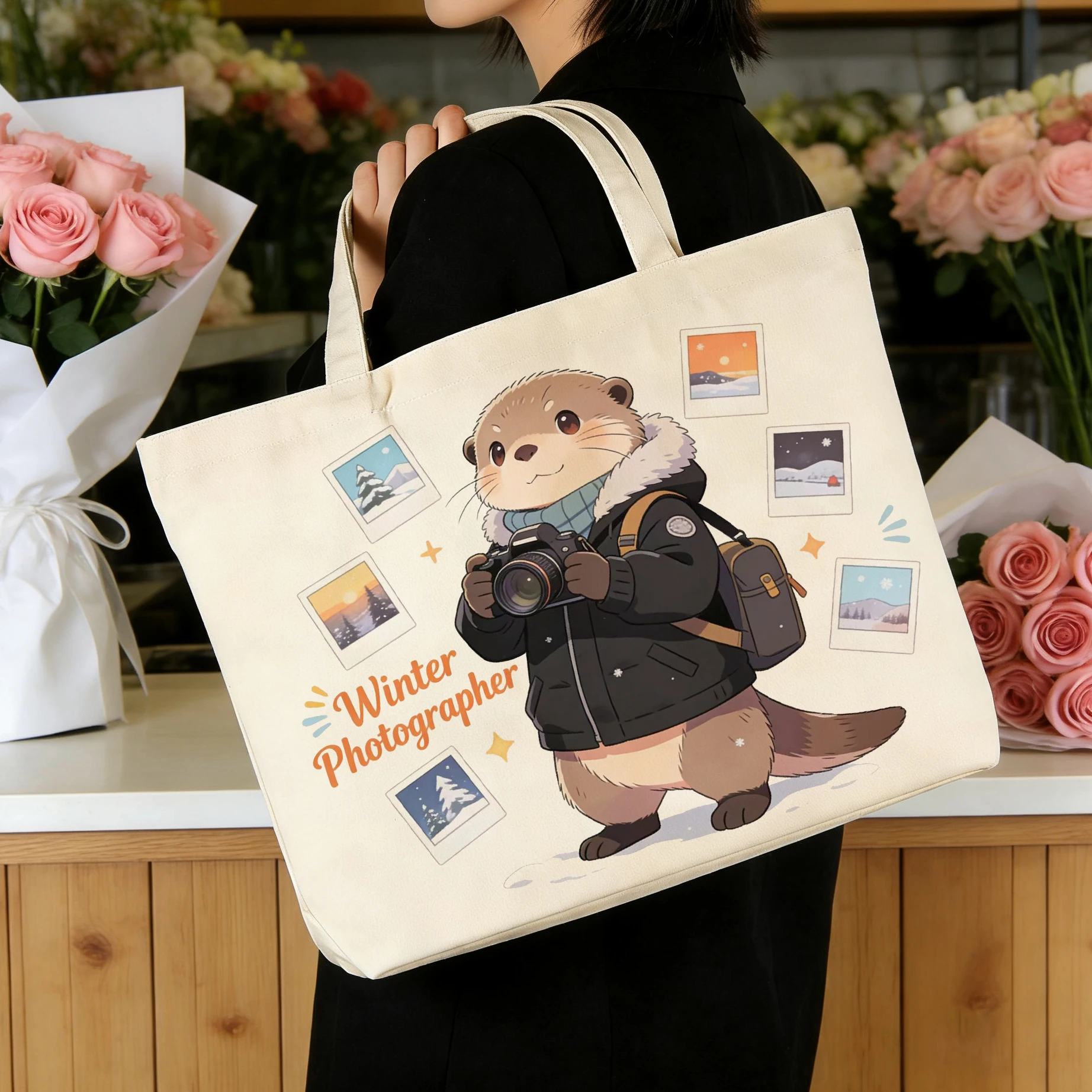 

1 шт. Холщовая сумка на тему выдри, большая вместительная сумка для покупок, белая холщовая сумка на одно плечо, ручная экологически чистая сумка.