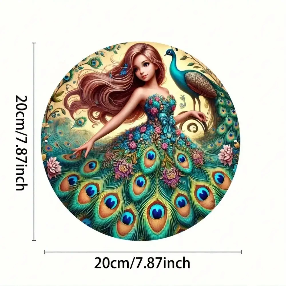 2D Flat High-Definition Metal Wall Art Fantasy Art Beautiful Girl Wearing a Peacock Feather Dress Adorned with Vibrant Peacock Floral Decorations
