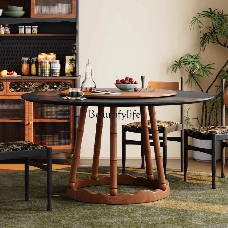 

LJY*French retro medieval solid wood balcony round dining table dining chair small apartment