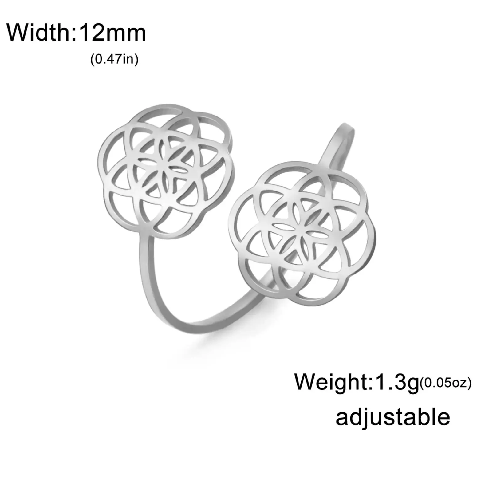 LIKGREAT Hollow Flower of Life Sacred Geometry Adjustable Ring for Women Stainless Steel Vintage Chakra Mandala Jewelry Gift New