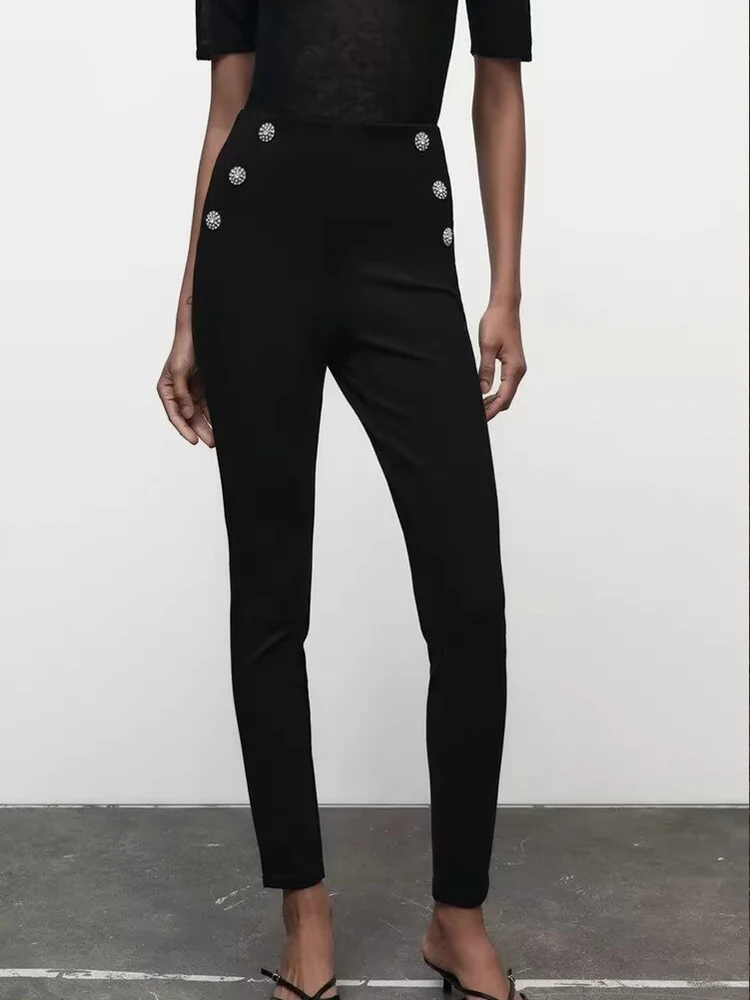 

New Women's Clothing European and American Style Fashionable and Versatile Casual Jewelry Buttoned Mid-Rise Leggings