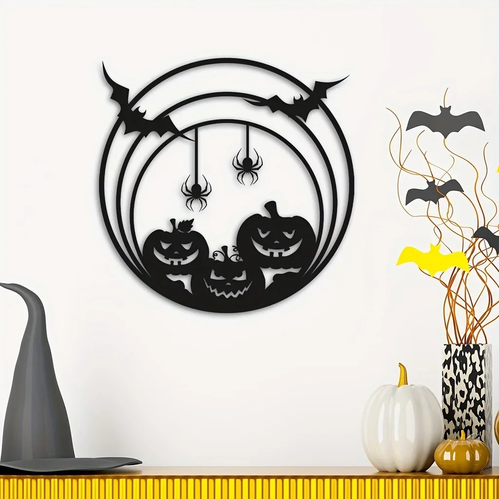 1pc, Halloween Pumpkin Metal Home Decor Spider Web Bat Door Sign Wall Art Halloween Day of The Dead Home Party Decor Gift