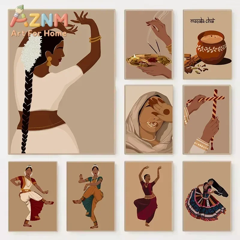 AZNM Indian Classical Dance Canvas Wall Art South Asian Woman Folk Dancer Masala Chai Cultural Art Print Unframed Canvas Poster