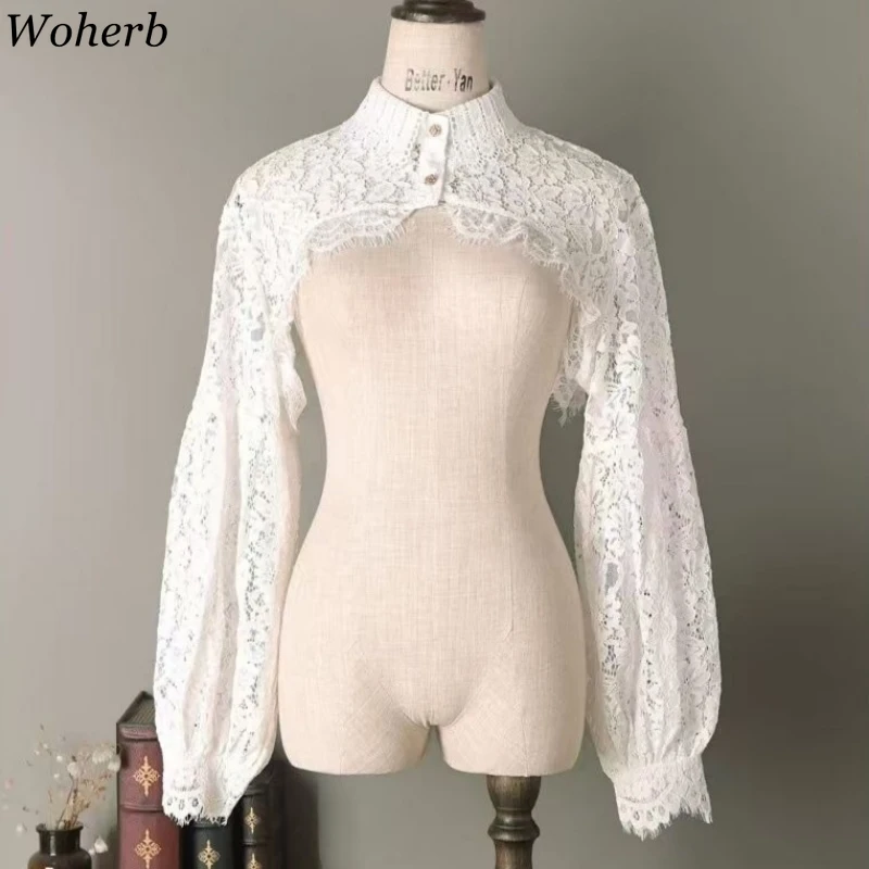 

2025 Blusas Mujer De Moda Cropped Lantern Sleeve Blouse for Women Temperament Stand Neck Tops Lace Fashion Sexy Summer Shirts