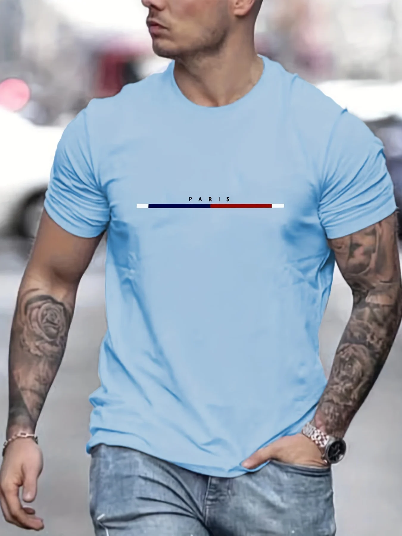 Men's 100% pure cotton casual fashionable loose plus size Paris letter printed round neck short sleeved T-shirt top image 3