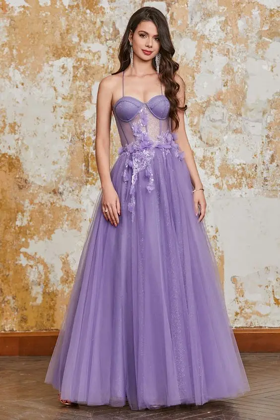 

Light Purple Prom Dresses Lace Applique Floral Illusion Glittery Tulle Spaghetti Strap Long Floor Length Evening Gowns Elegant