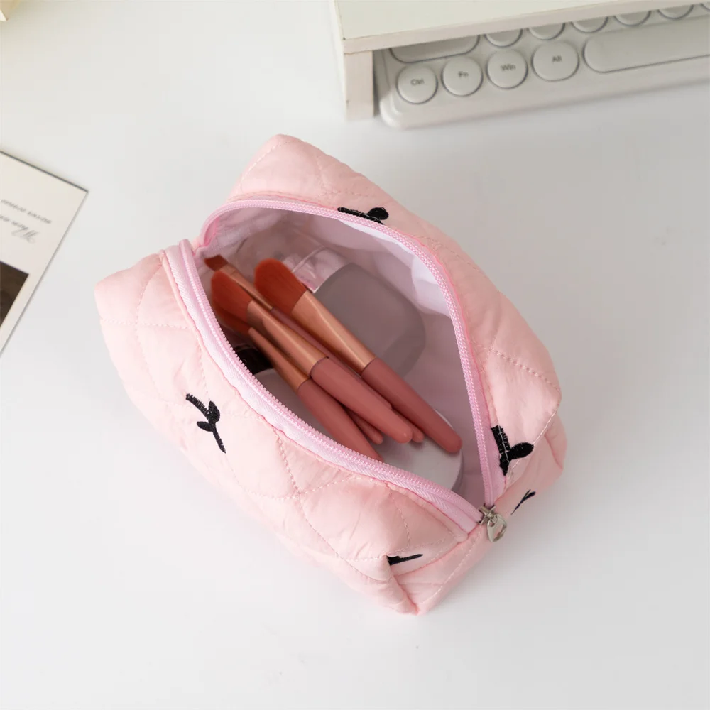 Bow Quilting tas Makeup katun wanita, kantung kosmetik ritsleting Organizer Makeup kapasitas besar kotak perlengkapan mandi portabel untuk perempuan