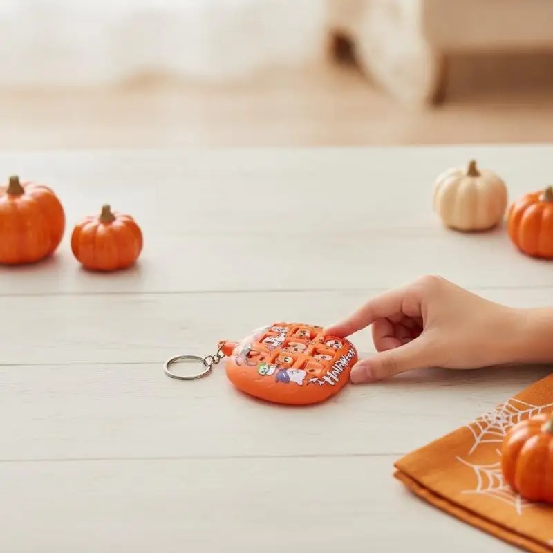 Halloween Pumpkin Shaped Sliding Puzzle Keychain Fun Cartoon Print Creative Stress Reliever for Backpack Pendant Halloween Gift