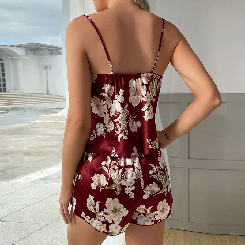 Women's Pajamas Sleeveless Satin Pajamas 2 Pieces Short Home Wear Sexy Floral Sleepwear Sling Top Shorts Set Backless Loungewear