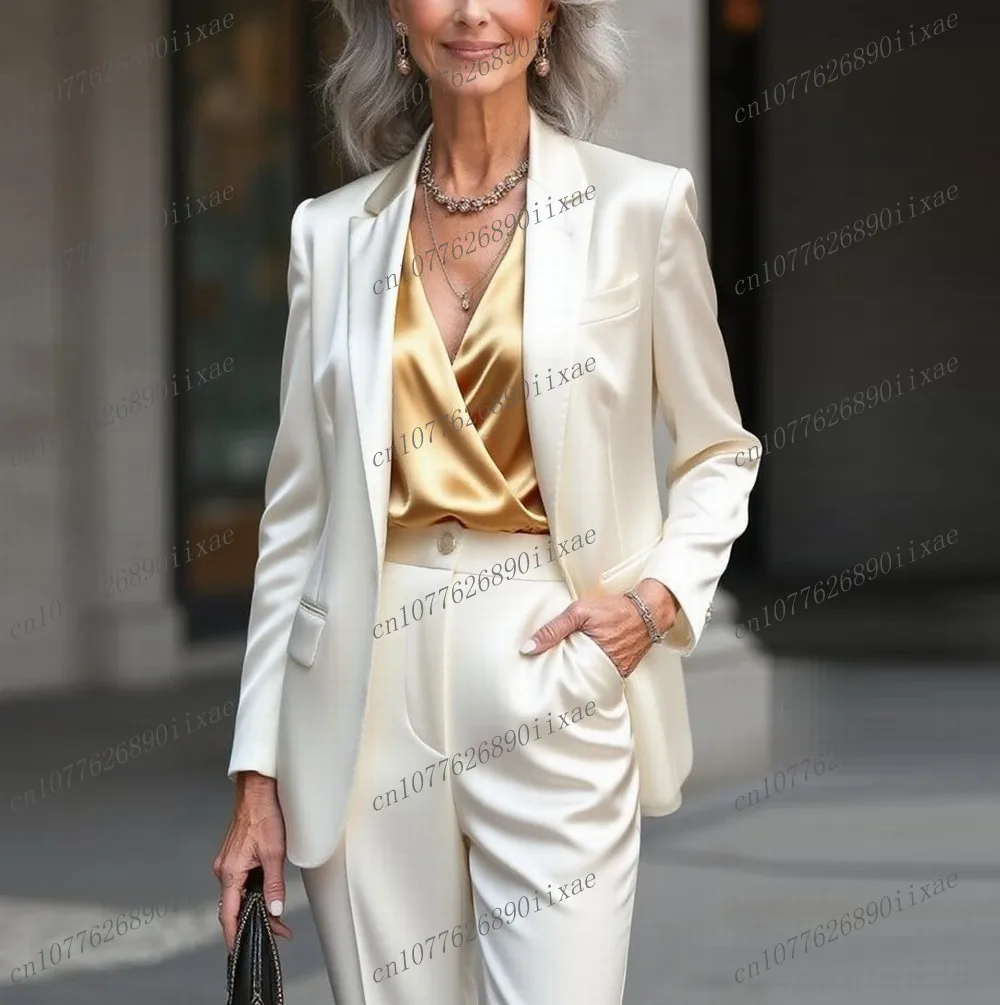

New White Acetate Satin Women Suits Lady Formal Business Tuxedos Mother Wedding Party Special Ladies 2 Piece Set Jacket Pants