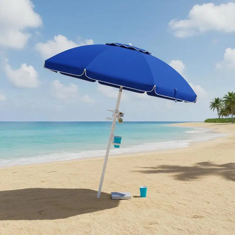 

5.7' Beach Umbrella for Travel with Tilt, Adjustable Height, 2 Cup Holders, Hooks, Vent, Ruffles, Sapphire Blue