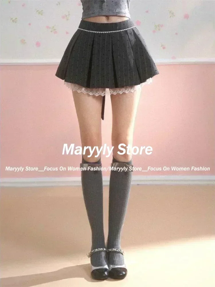 Design Bow Gray Pleated Skirt Women Lace Patchwork Mini Skirt 2024 Summer Fashion Lolita Style Striped Dot Print Cutecore Skirt