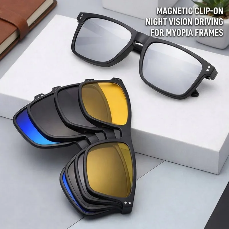 Magnetic Clip-On Polarized Sunglasses for Men and Women, Night Vision Driving Glasses, Fashionable Eyewear for Myopia Frames