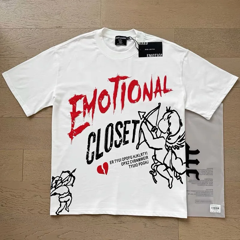 

Summer Oversized Black White T-Shirt Tee Men Women Unisex Angel Print Classic Letters Logo Graffiti MIXED EMOTION T Shirt Tops