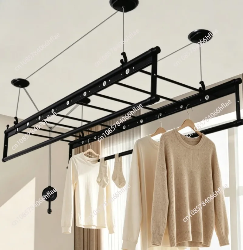 Heavy-Duty Manual Clothes Rack, 2.4m 4-Rod Ceiling Mount Design with 15 Towel Bars, Black for Large Household