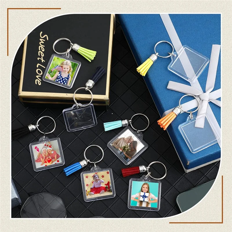 ALIM-Acrylic Photo Frame Keychain With Tassels Charms Photo Insert Keychain Clear Frame Keyrings Blank For DIY