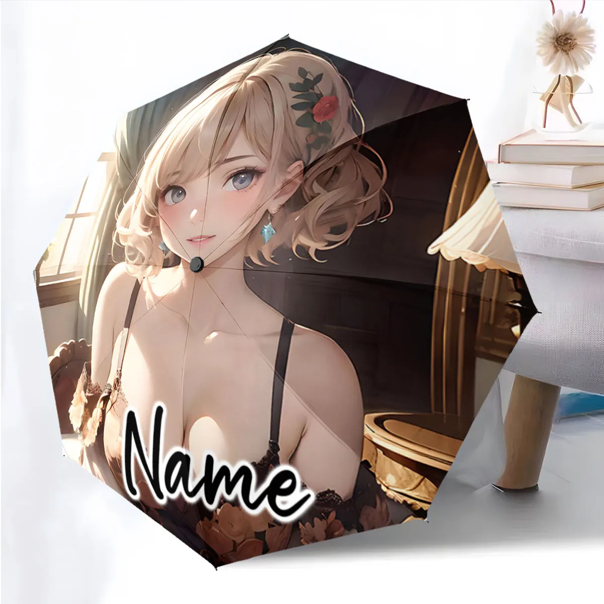 Custom Name Umbrella Elegant Anime Umbrella with Blonde Character Print 8 Iron Ribs Folding Umbrella Auto-Open Fashion Sunshade