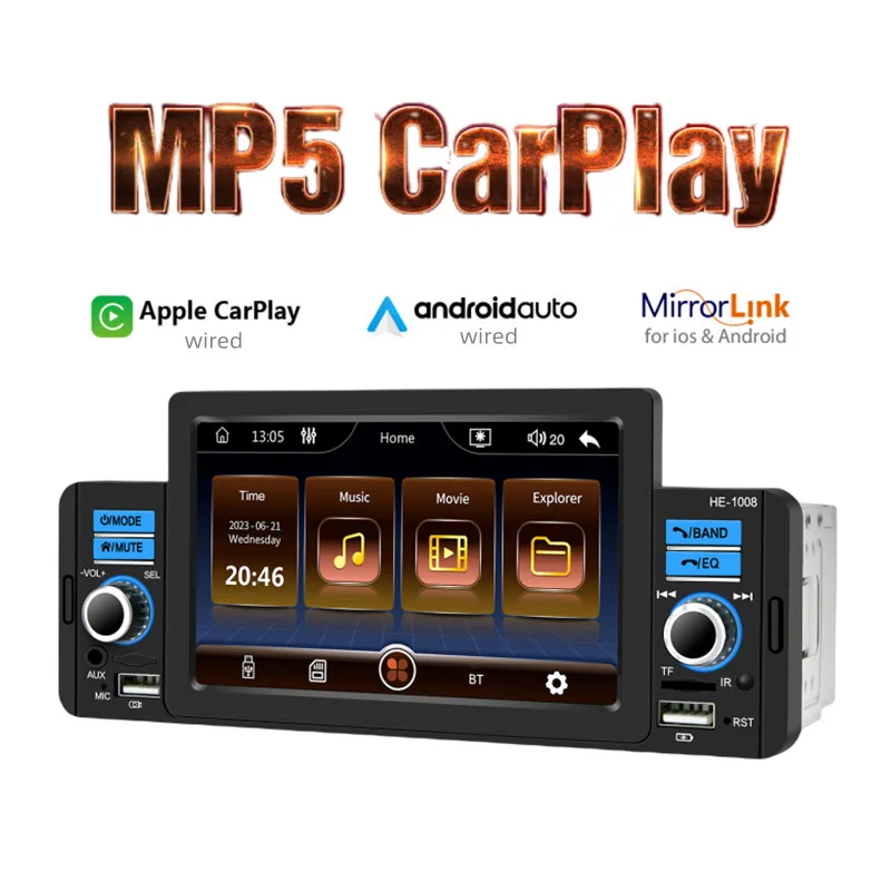 

Universal 1 Din 5" CarPlay Bluetooth Android-Auto Handsfree MP5 Player TF USB FM Stereo Audio System Multimedia Head Unit 1008