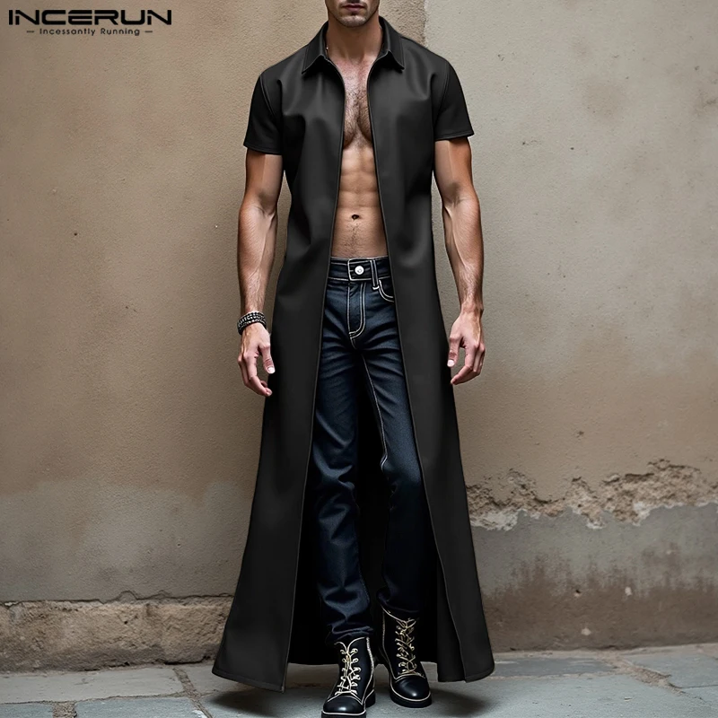 INCERUN メンズロングスタイルトレンチソリッドカラーラペル半袖男性カーディガンストリートウェアPUレザーカジュアル男性ウインドブレーカーコート