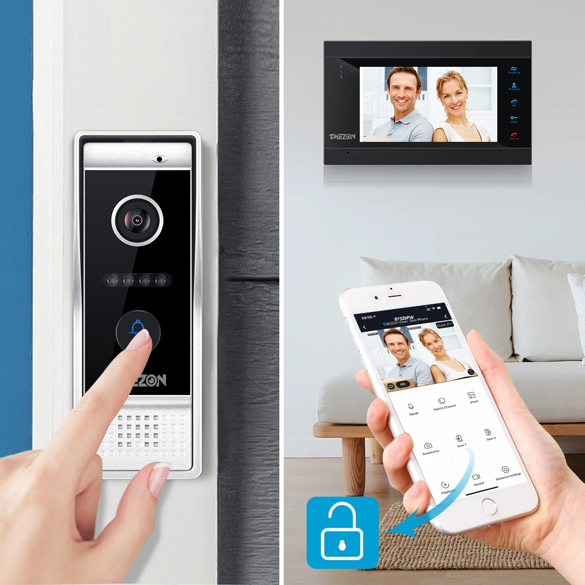 TUYA TMEZON 7 Inch Wireless Wifi Smart IP Video Door Phone Intercom System with 1080p 2 Monitor + 1 Rainproof Doorbell Camera