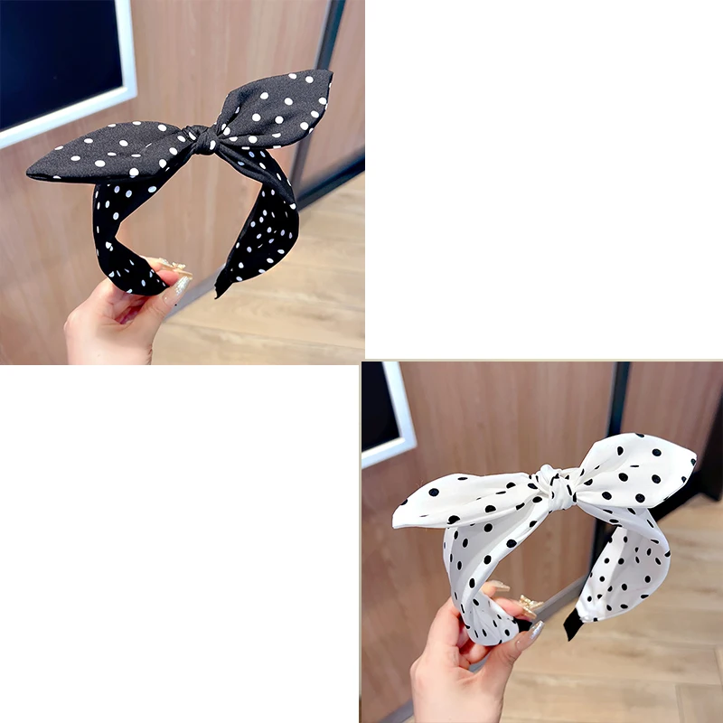 Effen kleur stof Polka Dot Bow hoofdband voor kinderen Elegant temperament Brede hoofdband Mode meisje make-up haarband