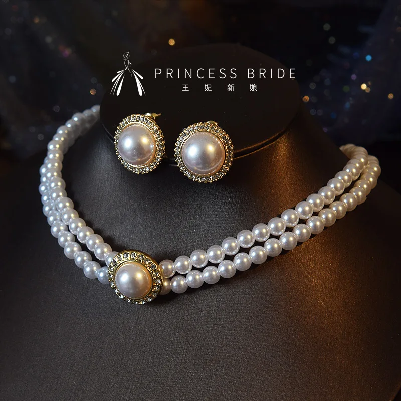 luxury brand Pearl necklace earring Set female collarbone chain bride's wedding accessory with rhinestone two-piece jewelry