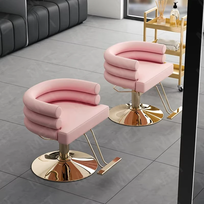 

Modern Beauty Salon Equipment Pink Leather Barber Styling Chair Luxury Small Simple Round Base Hair Salon Chair
