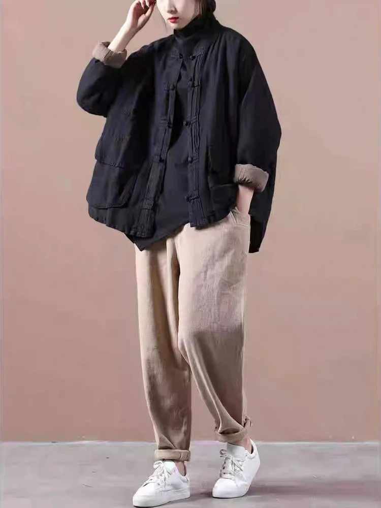 Jaqueta Fena de Aodão e Linho com Caimento Solto e Espo, Novo Estilo Outono Inverno, Aboa, Estilo Étnico Artísti...