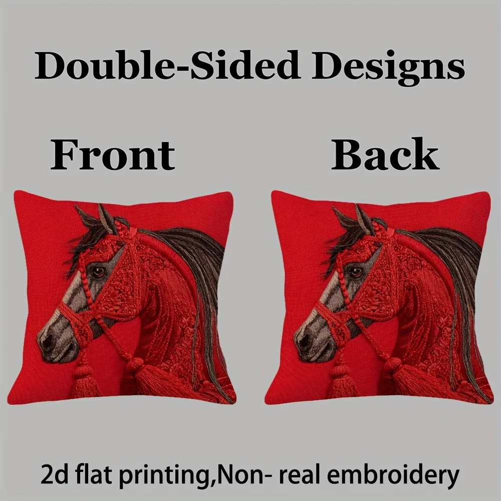Red Horse Artistic Double-Sided Pillowcase, Surreal Animal Pattern Cushion Cover with Zipper, Washable Decor Case for Sofa