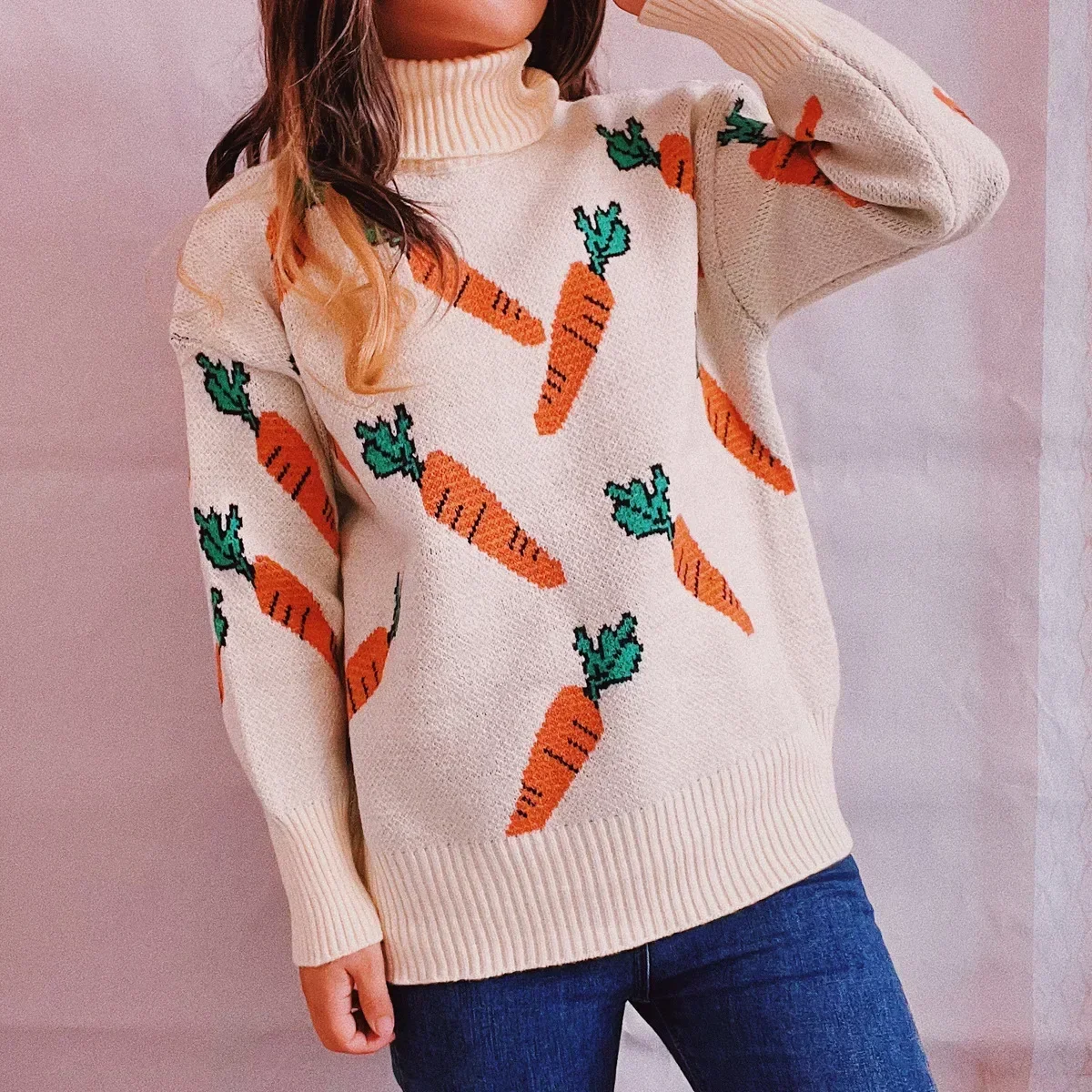 Women carrot sweater pullovers womens clothing Winter Autumn Turtle Neck Print Knitted Loose Tops one size knitwear jerseys