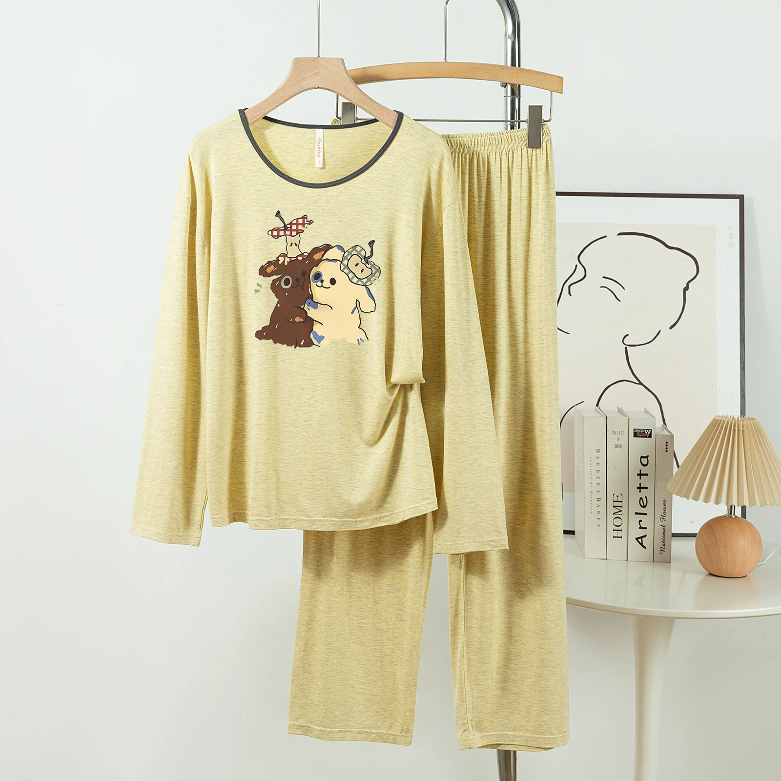 

5181-300 Casual and Comfortable Modal Cotton Pajamas for Women, New Spring and Autumn Long-Sleeved Long Pants Solid Color Casual