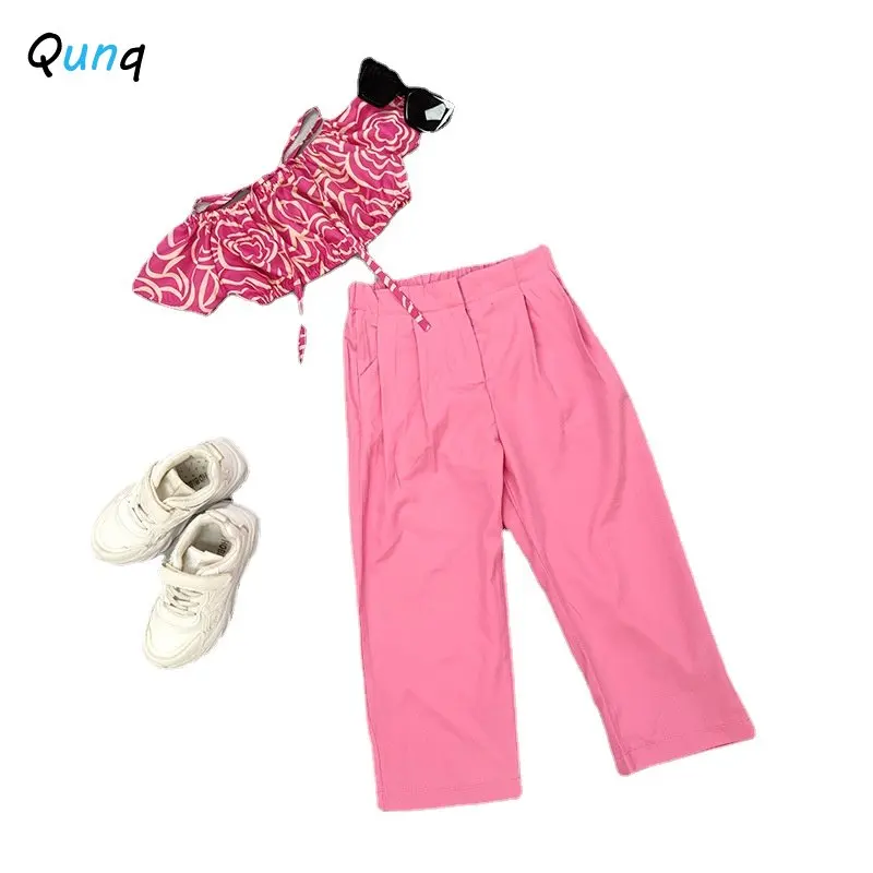 Qunq Summer Girls Hang a Neck Off Shoulder Pleated Puffed Sleeves Top+Straight Pants 2 Pieces Set Casual Kids Clouthes Age 3T-8T