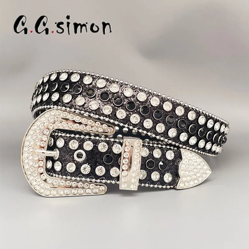 

GGSIMON Men's Rhinestone Buckle Belt Punk Western Bling Cowboy Cowgirl Diamond Crystal Studded Belt Strap For Jeans Pants Jacket