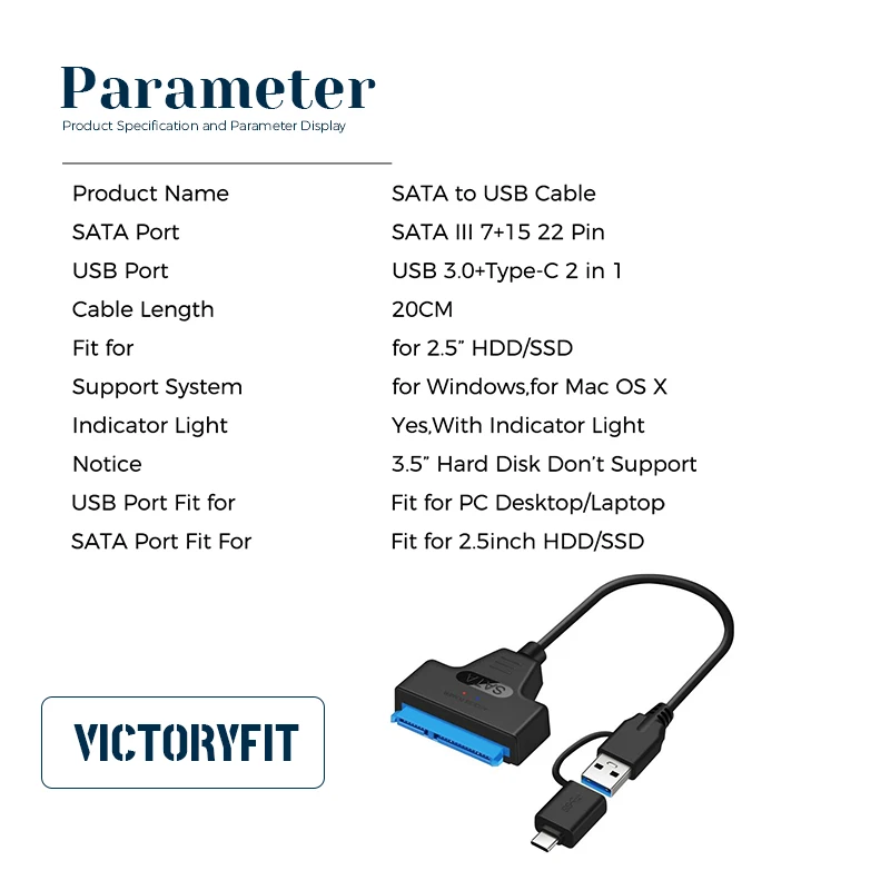 2.5 인치 HDD SSD USB 3.0 어댑터, SATA 3 케이블, C타입 플러그, 외장 하드 드라이브 디스크 변환기, 윈도우 7, 8, 10, XP, 98 용, 5Gpbs