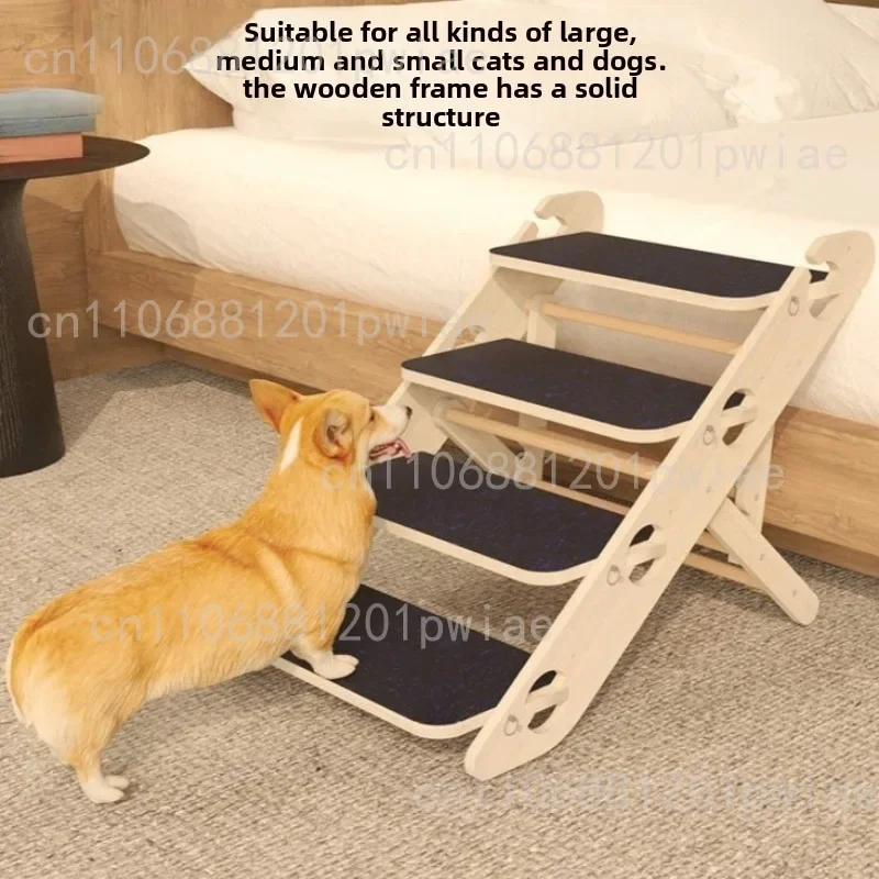 Solid Wood Folding Climbing Ladder for Elderly Dogs Anti-Slip Step Stool Pet Ramp for Sofa Bedside Strong Load-Bearing Dog Ramps