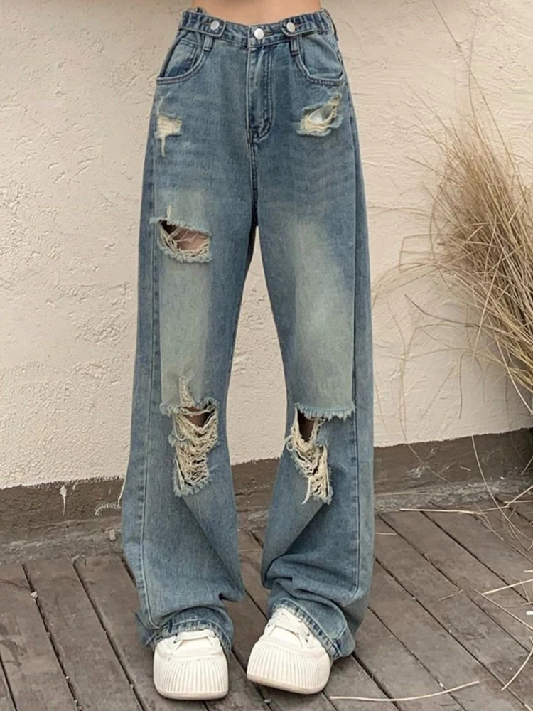 2024 Woman High Waist Denim Straight Leg Ripped Trousers Female High Street Designer Pants Girls Blue Wide Leg Jeans Large Size