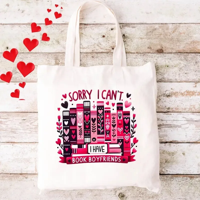 Canvas Tote Bag With Heart Shape Book Stack Floral Inspirational Quote Designs Reusable Shoulder Bag For Shopping Everyday Use image 3