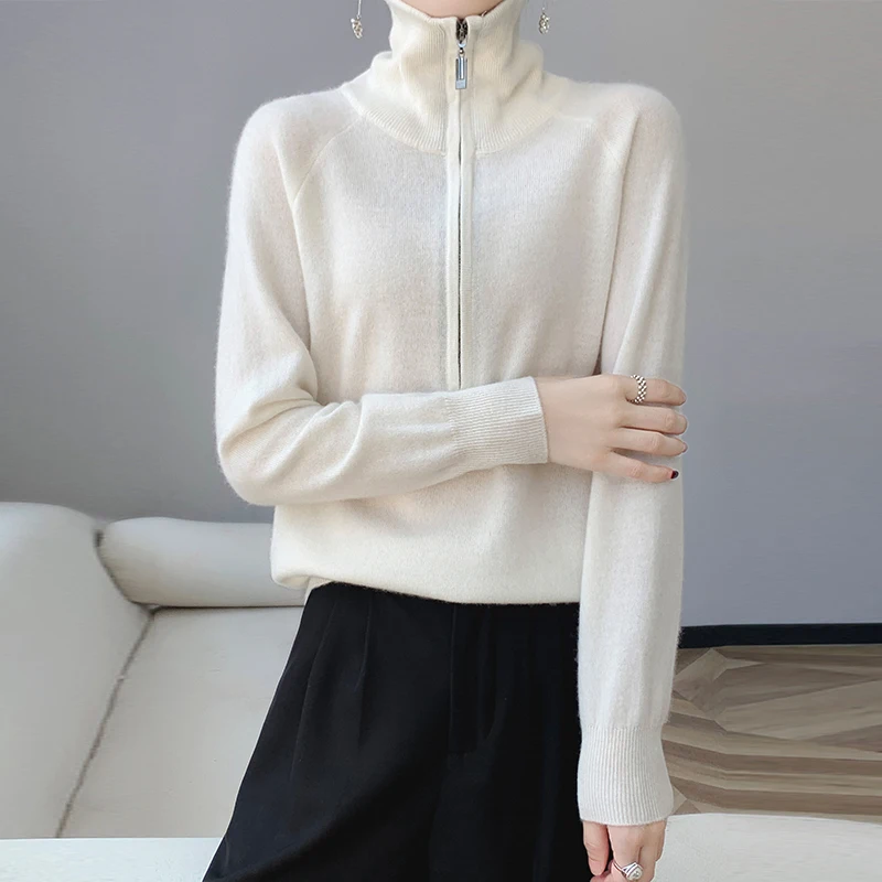 Fashion 100% merino wool cashmere women\'s sweater high neck solid color long sleeve pullover autumn and winter new top.