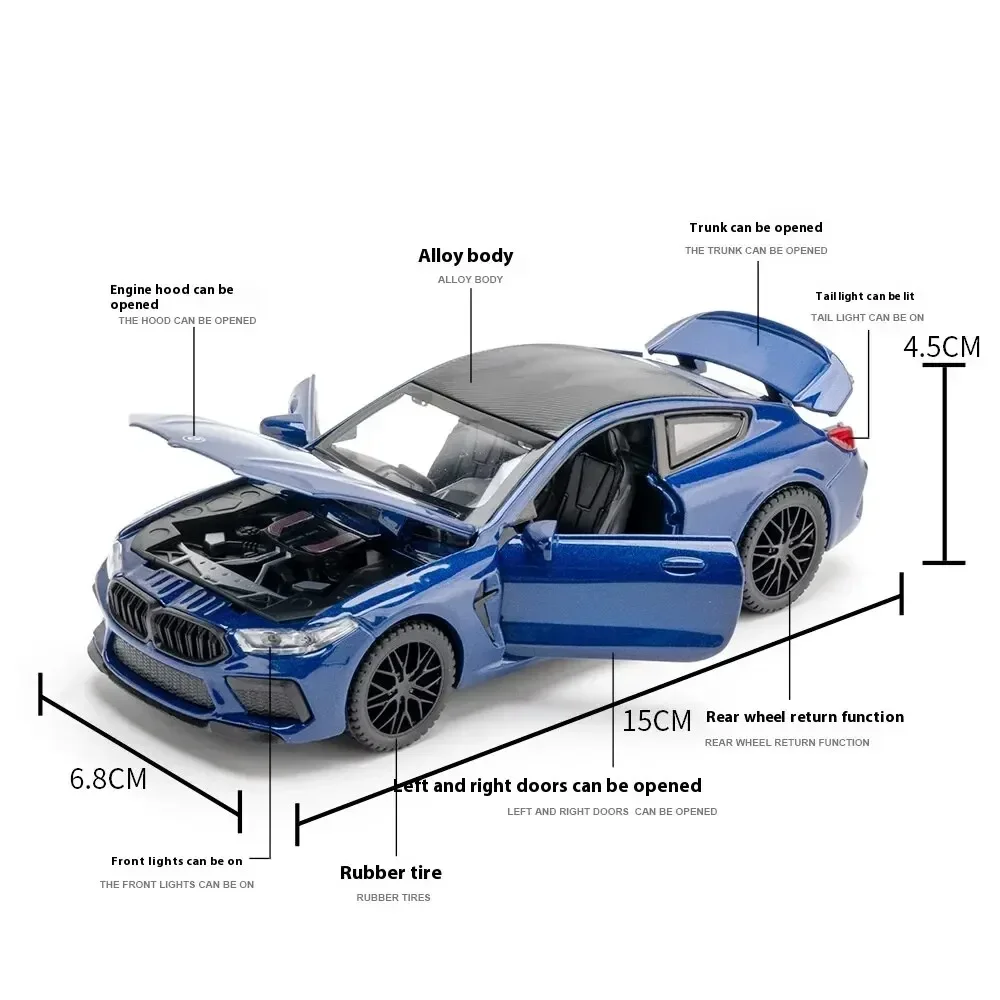 1:32 Bmw M8 Gelegeerd Automodel, Geluid En Licht, Spring-Back Actie, Speelkamerspeelgoed Voor Kinderen En Verzamelobject