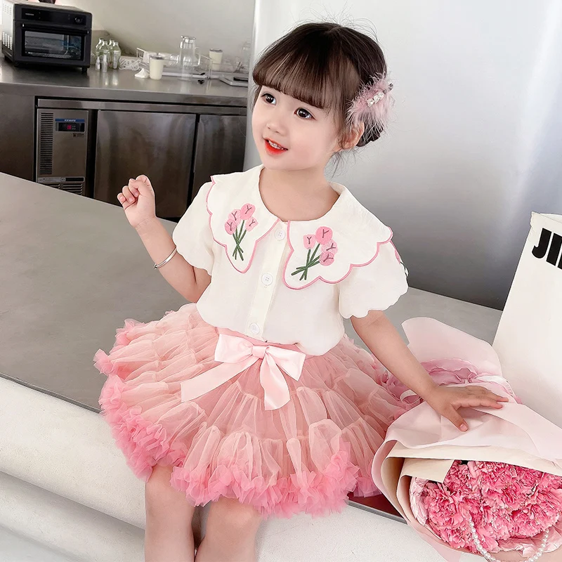 2023 Summer Baby Girls Clothing Sets Children Floral Shirt Bow TUTU Skirt Lace Princess Costumes Kids Clothes Outfits 2-8 Years