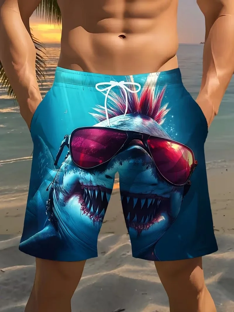 MensFunny Cartoon Shark Print Beach Shorts Drawstring Quick Dry Summer Casual Ocean Theme Lightweight Vacation Party Showstopper