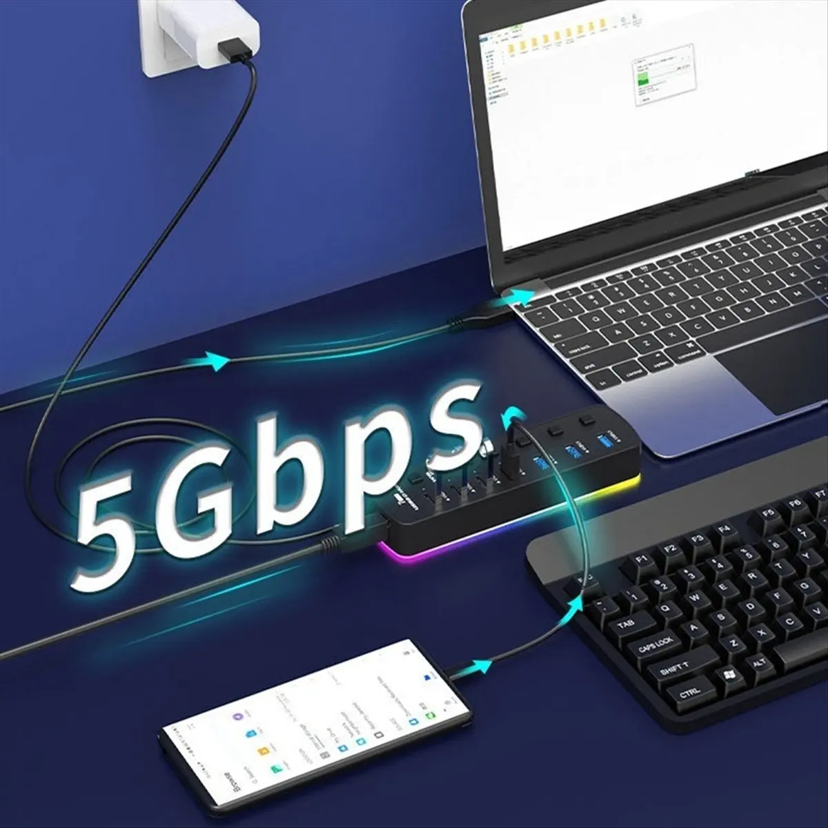 A14M RGB USB 3.0 Hub 7 Ports USB Port Adapter 5Gbps Individual On/Off Switch Splitter Gaming USB Hub for Laptop PC Computer